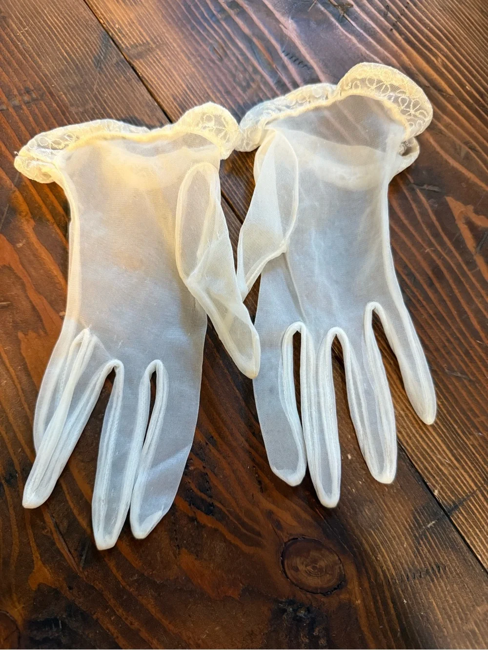 Sheer White Vintage Style Dress Gloves with Lace Trim
